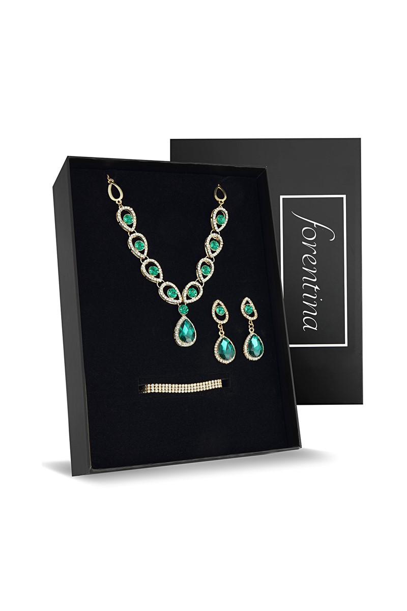 Forentina Yeşil Taşlı Su Yolu Kolye Küpe Bileklik Düğün Seti PS2187