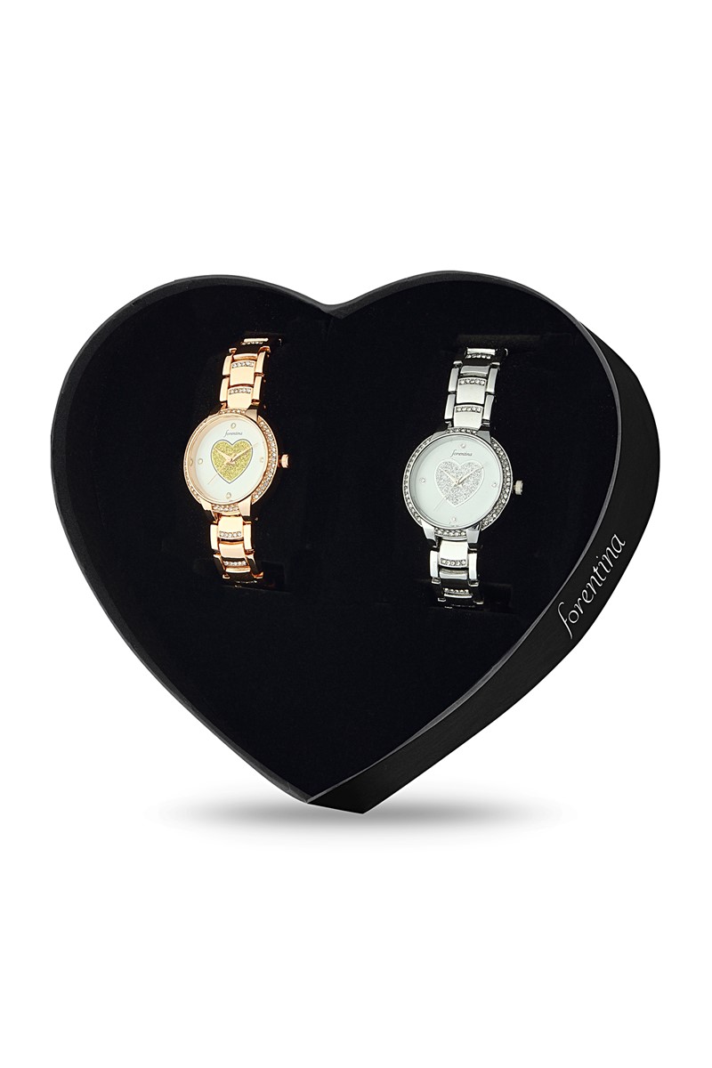 Forentina Kadın Çiftli Kol Saati Set- Kalpli Kutuda Hediye Set PS2189