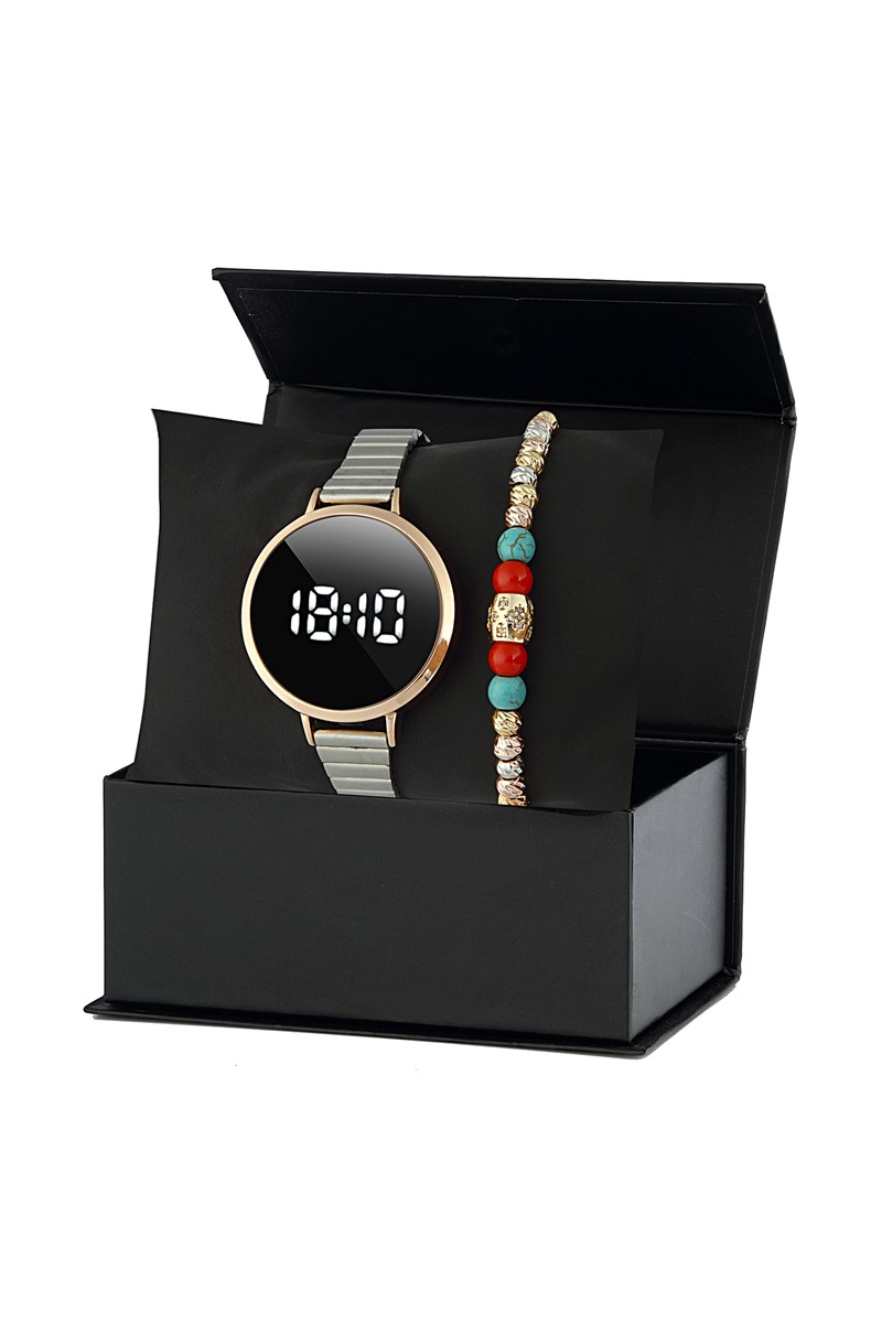 Forentina Gri Digital Kol Saati Bileklik Kombin Set PS2196