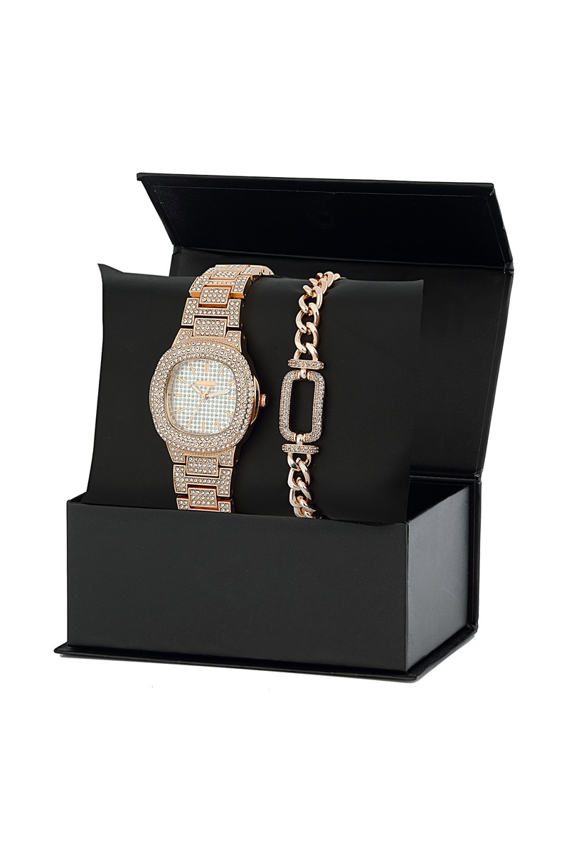 Forentina Altın Kaplama Zirkon Taşlı Kol Saati Bileklik Kombin Set PS2203
