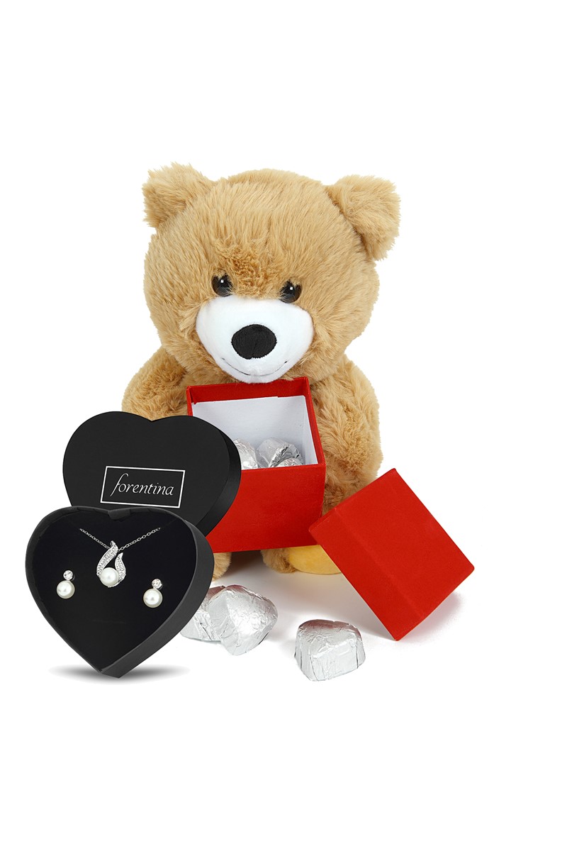 Forentina  İnci Modeli Kolye Küpe Set - Ayıcık Ve Çikolata Hediye Set PS2209