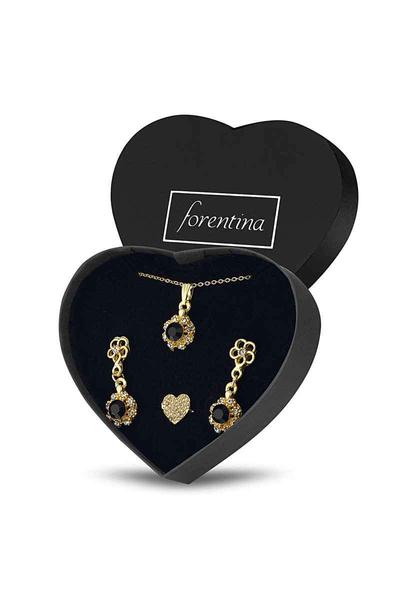 Forentina Altın Kaplama Siyah Taşlı Kolye Küpe Yüzük Set - Kalpli Kutuda Set PS2213