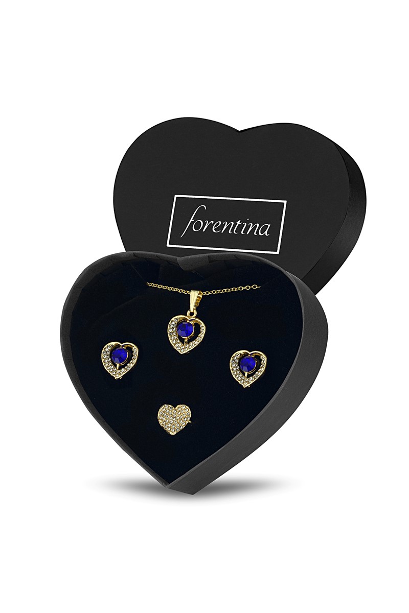Forentina Altın Kaplama Lacivert Taşlı Kalpli Kolye Küpe Yüzük Takı Seti PS2214