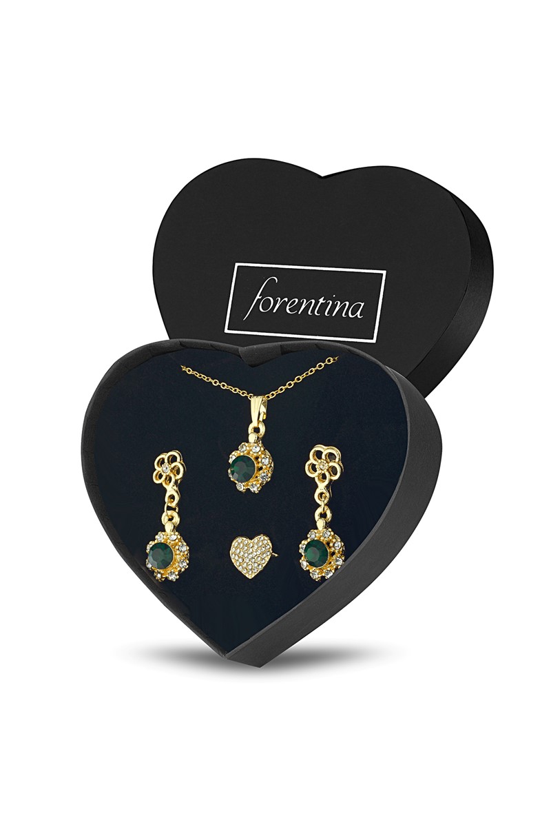 Forentina Altın Kaplama Yeşil Taşlı Tektaş Kolye Küpe Yüzük Takı Seti PS2221