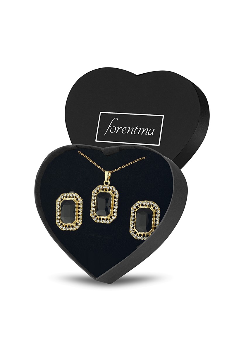 Forentina Siyah Taşlı Kolye Küpe Takı Seti PS2222