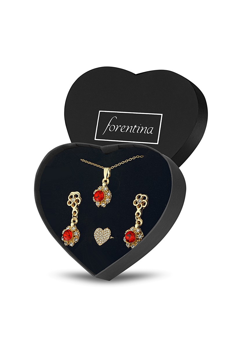 Forentina Altın kaplama Kırmızı Taşlı Kolye Küpe Yüzük Takı Seti PS2223