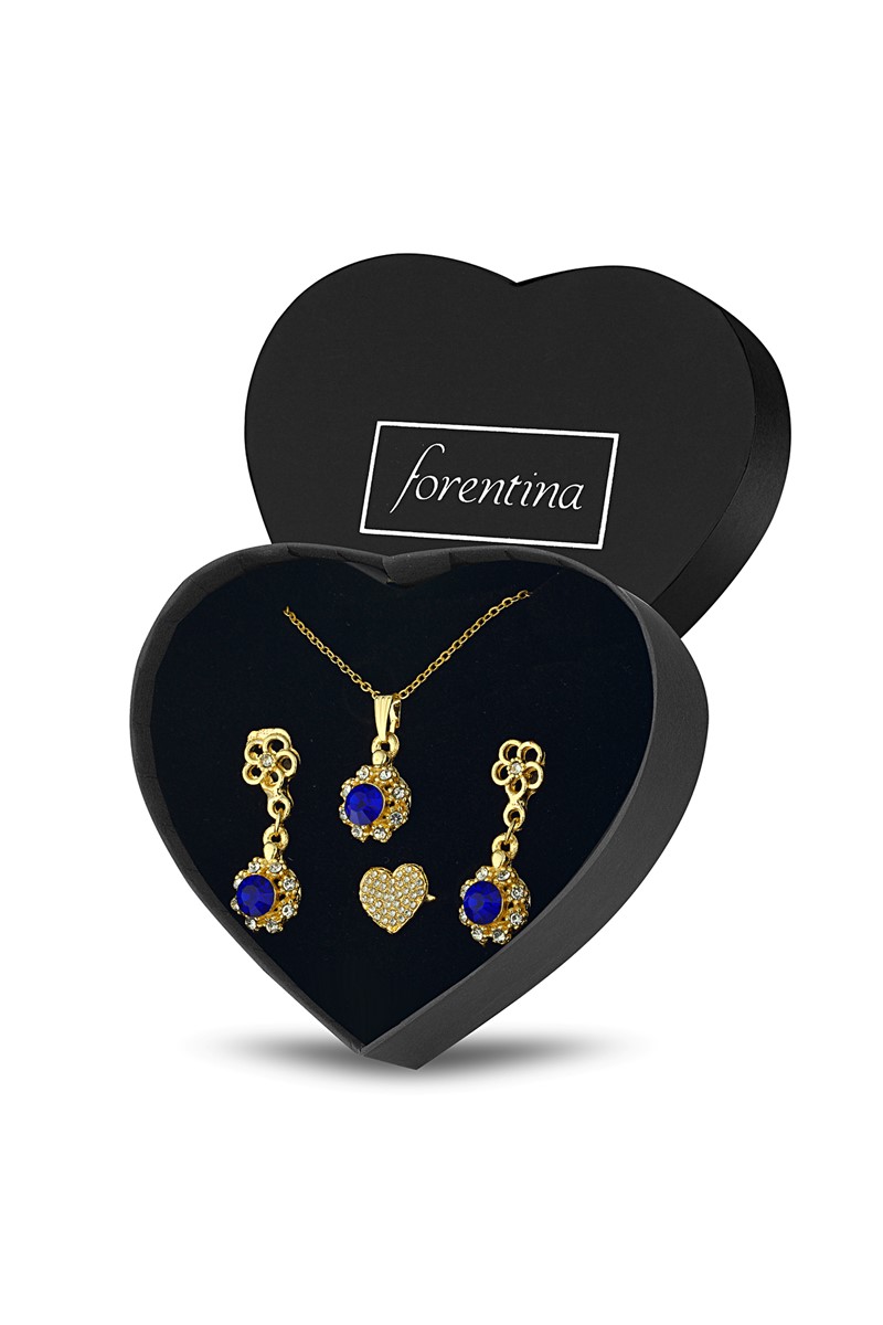 Forentina Altın Kaplama Kırmızı Taşlı Kolye Küpe Yüzük PS2224