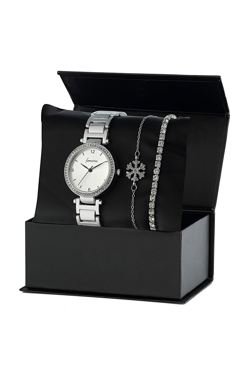Forentina Kadın Gri Kol Saati Kar Tanesi Bileklik Kombin Set PS2227