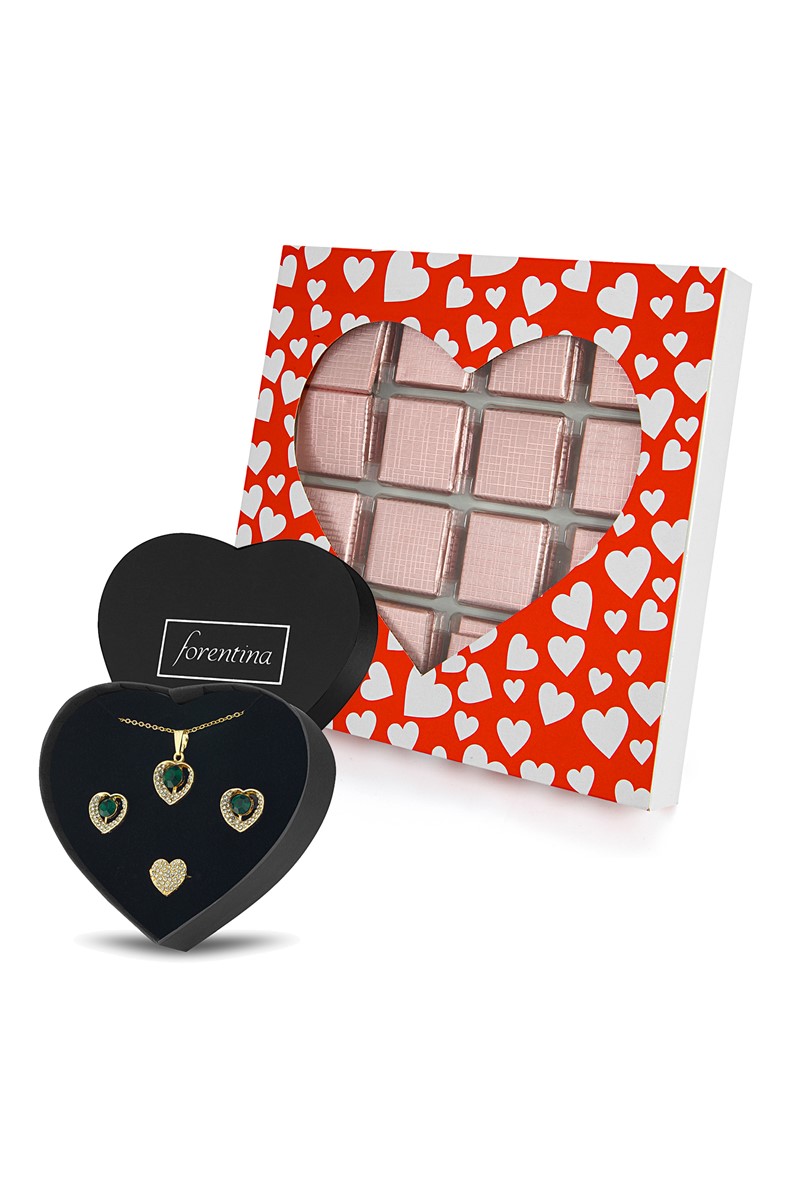 Forentina Kalpli Kolye Küpe Yüzük Takı Seti - Çikolata Hediye Set PS2230