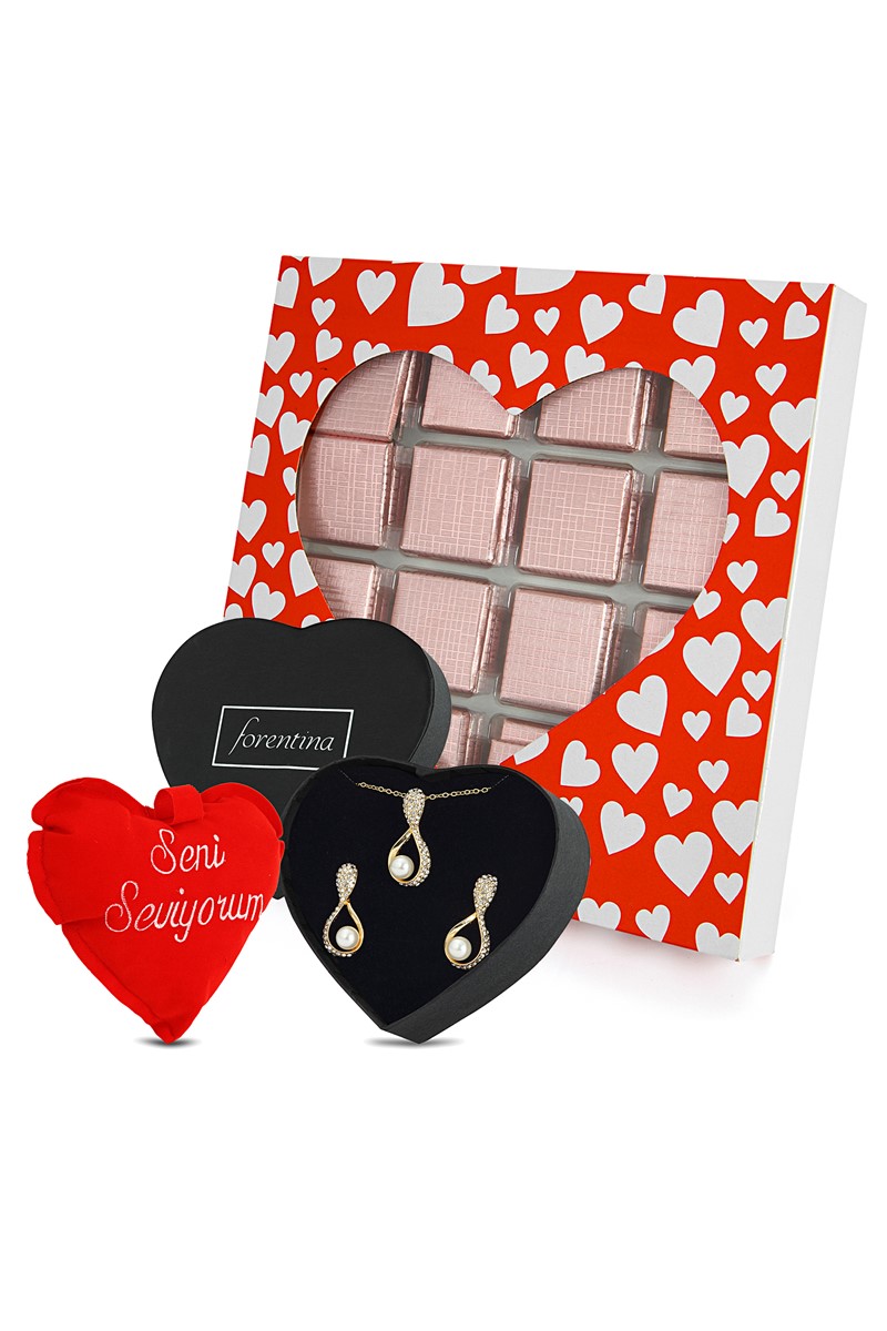 Forentina Kolye Küpe Seni Seviyorum Yazılı Yastık - Çikolata Hediye Set PS2231