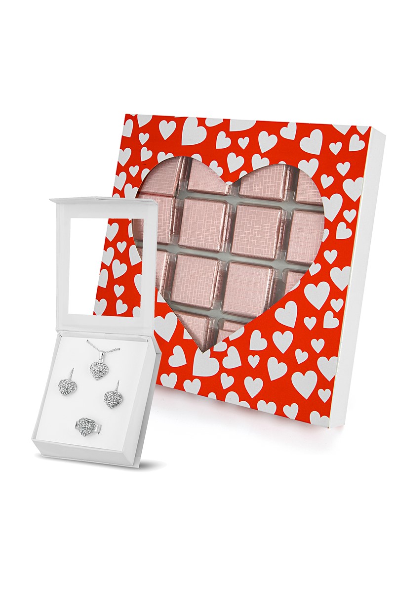 Forentina Gümüş Kaplama Kalpli Kolye Küpe Yüzük Set - Çikolata Hediye Set PS2232