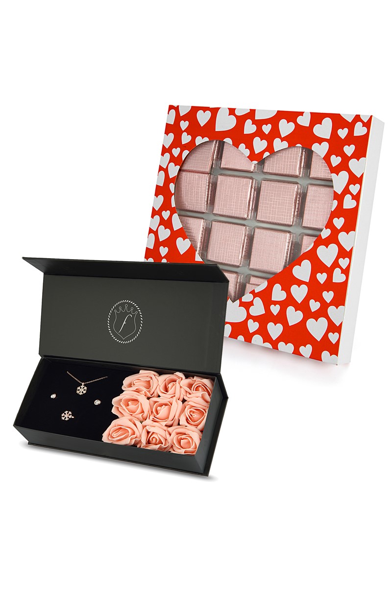 Forentina Kadın Rose Kar Tanesi Kolye Küpe Yüzük  - Çikolata Hediye Set PS2234