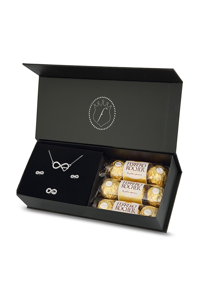 Forentina Gümüş Kaplama Sonsuzluk Kolye Küpe Yüzük - Çikolata Hediye Set PS2291