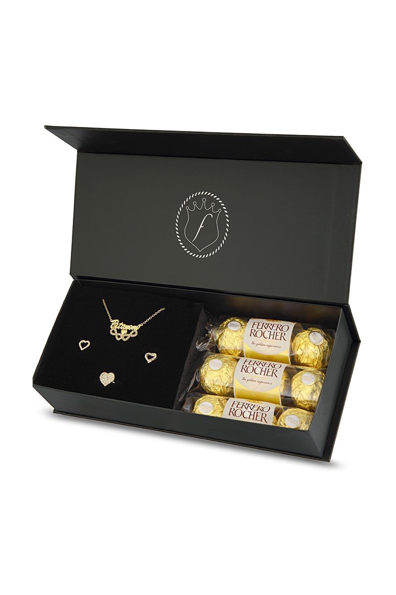 Forentina Bitanem Yazılı Kolye Küpe Yüzük - Çikolata Hediye Set PS2292