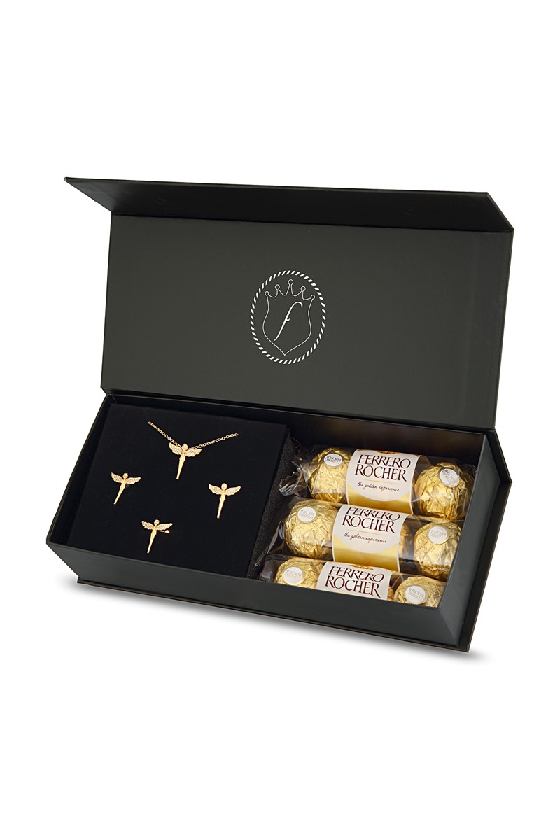 Forentina Melek Kolye Küpe Bileklik Takı Seti - Çikolata Hediye Set PS2296