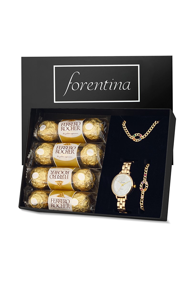 Forentina Renkli Zirkon Taş Kolye Bileklik Saat Set- Çikolata Hediye Set PS2297