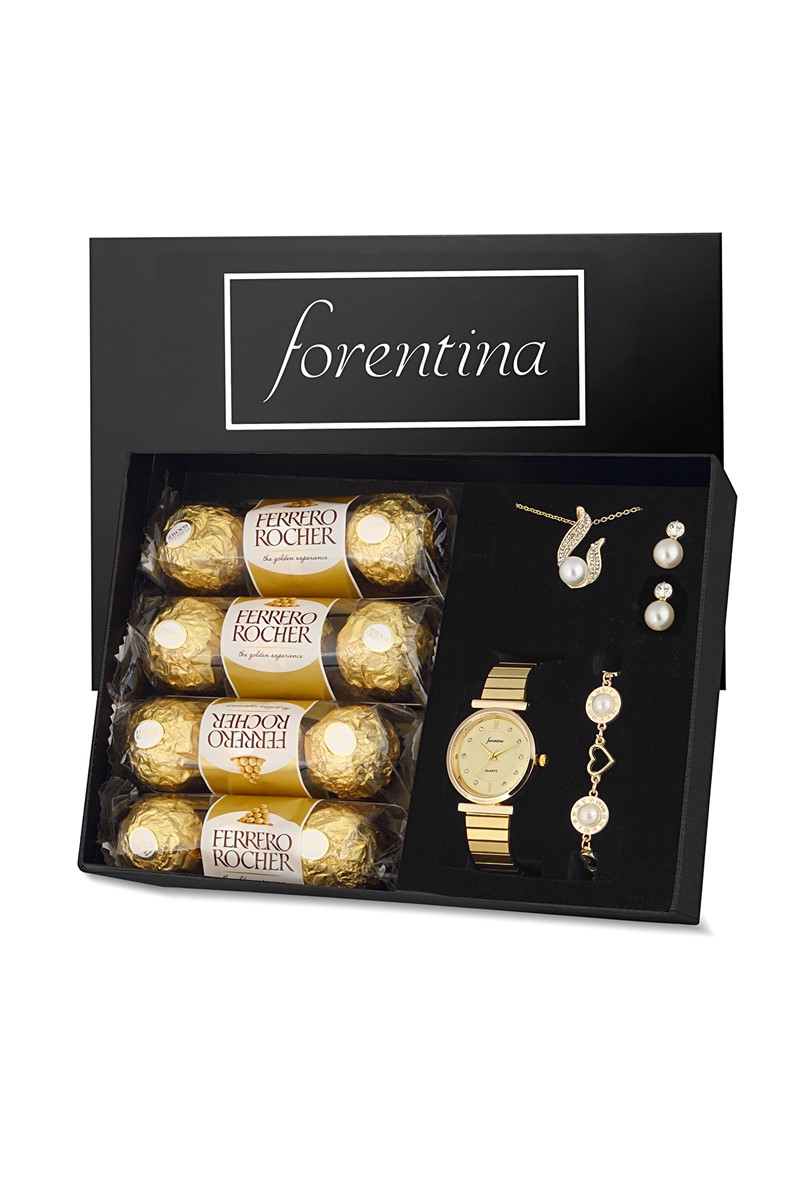 Forentina İncili Kolye Küpe Bileklik Saat- Çikolata Hediye Set PS2299
