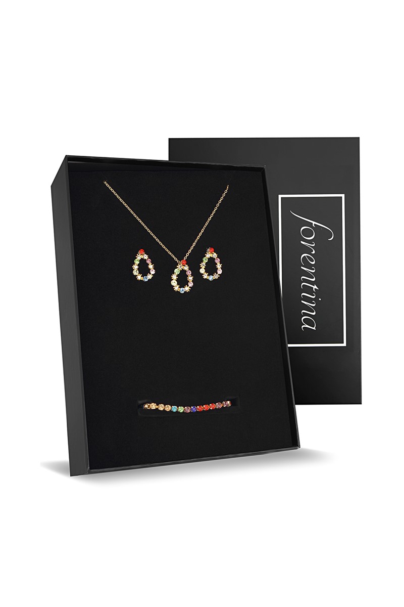 Forentina Renkli Zirkon Taşlı Kolye Küpe Bileklik Takı Seti PS2313