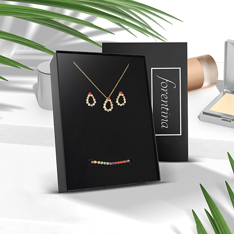 Forentina Renkli Zirkon Taşlı Kolye Küpe Bileklik Takı Seti PS2313