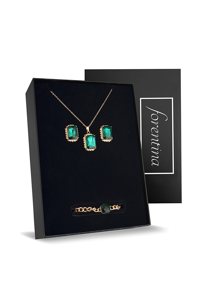 Forentina Zirkon Yeşil Taşlı Kolye Küpe Bileklik Takı Seti PS2314
