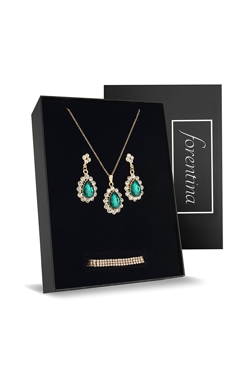 Forentina Yeşil Taşlı Kolye Küpe Bileklik Takı Seti Hediye Seti PS2319