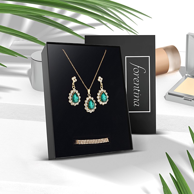 Forentina Yeşil Taşlı Kolye Küpe Bileklik Takı Seti Hediye Seti PS2319