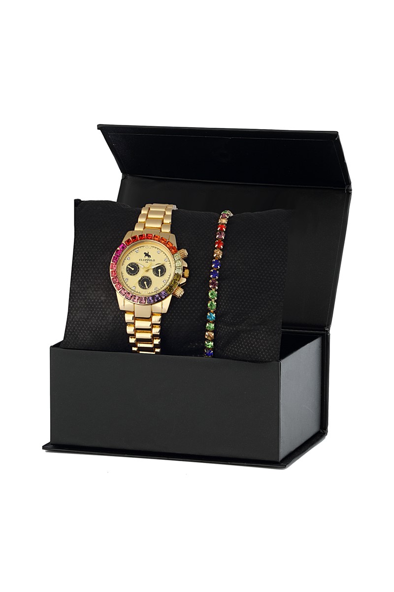 Forentina Renkli Taşlı Kombin Saat Seti Hediye Set PS2337