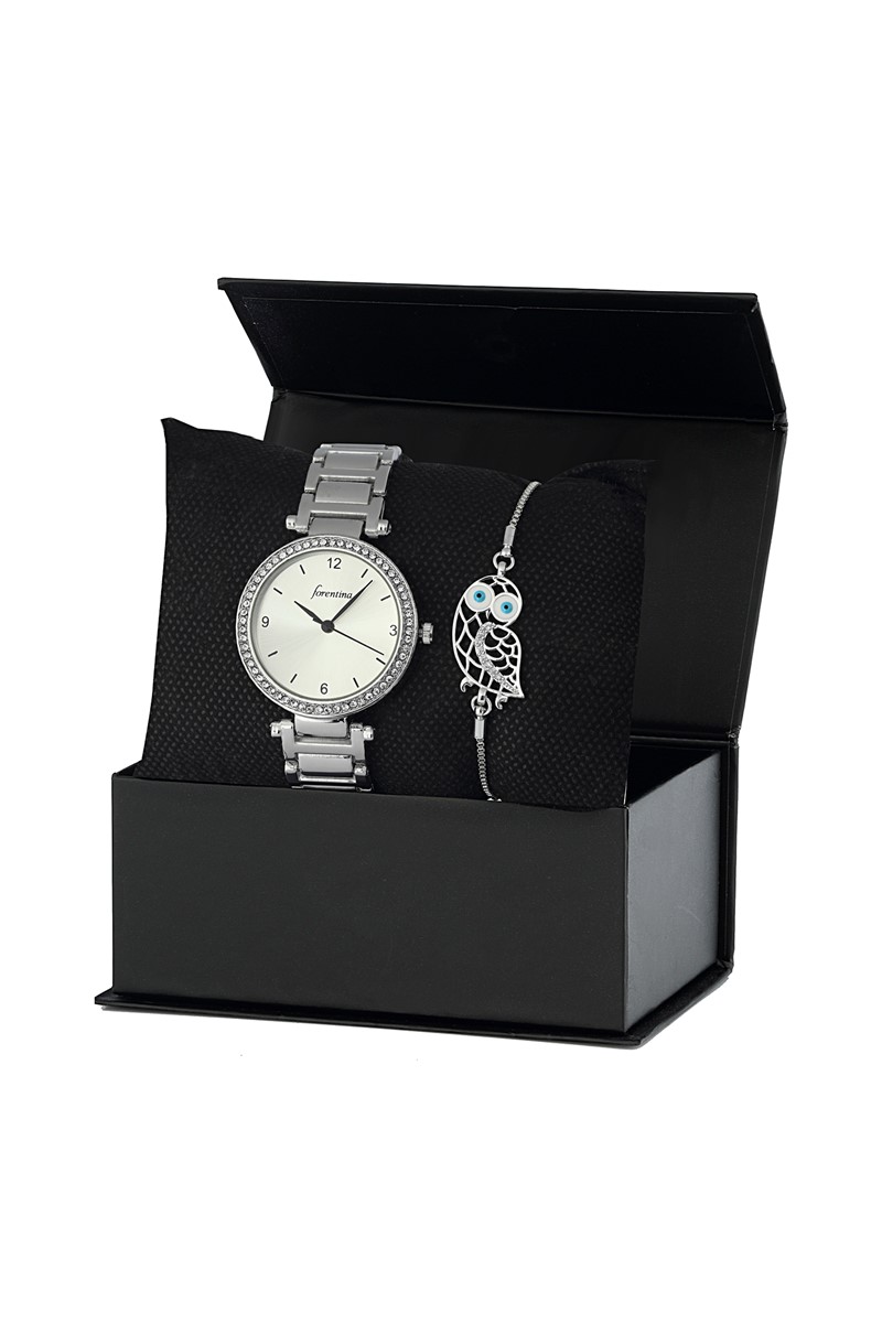 Forentina Gri Metal Bayan Kol Saati Baykuş Bileklik Kombin Set PS2340