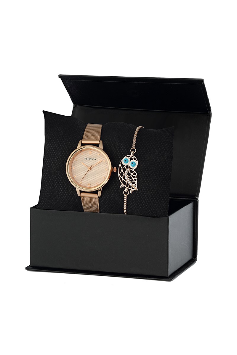 Forentina Rose Metal Bayan Kol Saati Baykuş Bileklik Kombin Set PS2344
