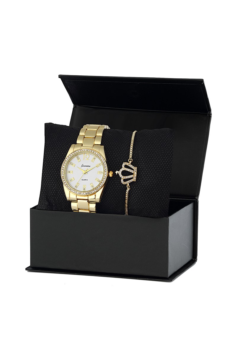 Forentina Sarı Metal Bayan Kol Saati Bileklik Kombin Set PS2346