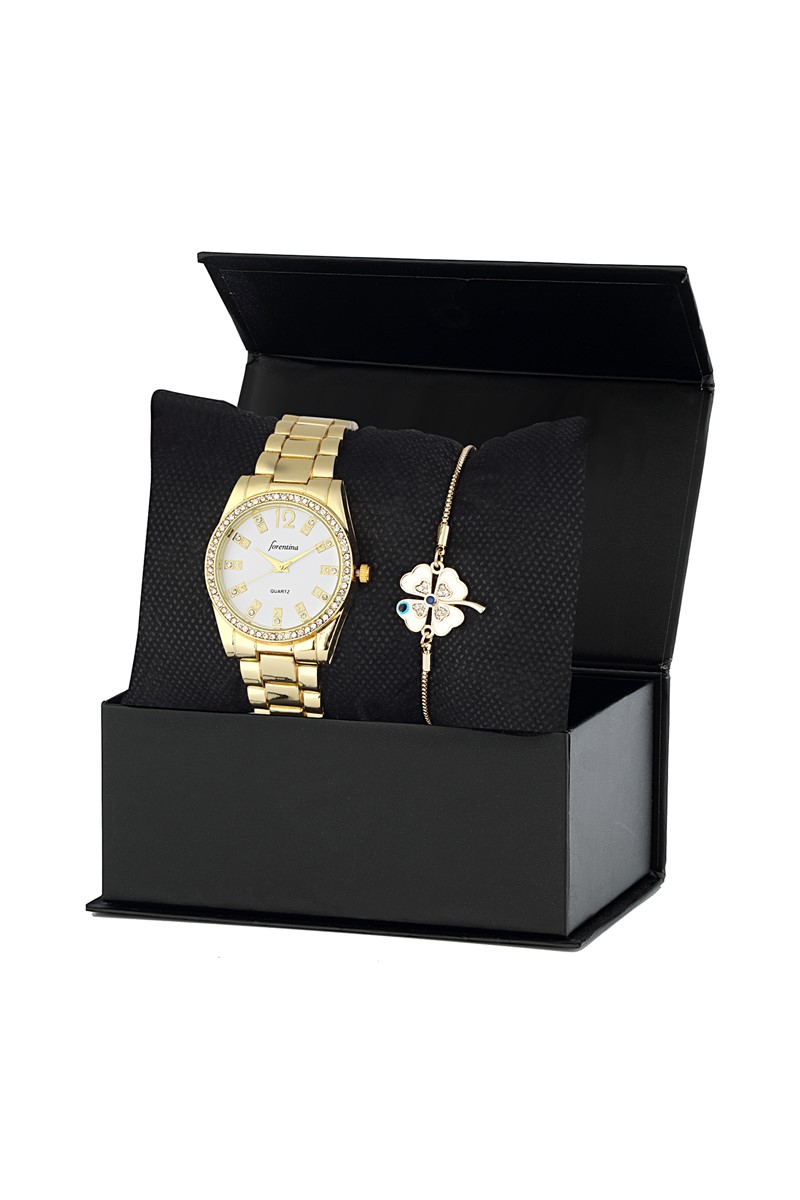 Forentina Sarı Metal Bayan Kol Saati Bileklik Kombin PS2347