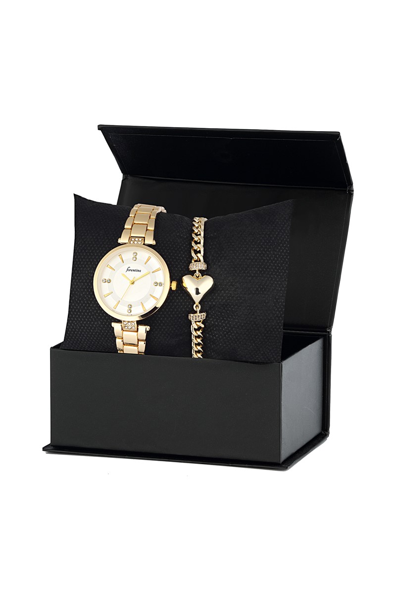 Forentina Sarı Metal Bayan Kol Saati Kapli Bileklik Kombin Set PS2348