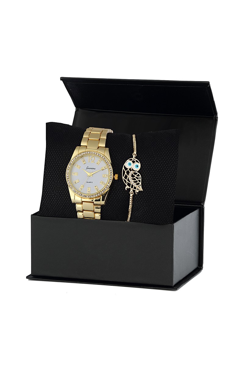Forentina Sarı Metal Bayan Kol Saati Baykuş Bileklik Kombin Set PS2349