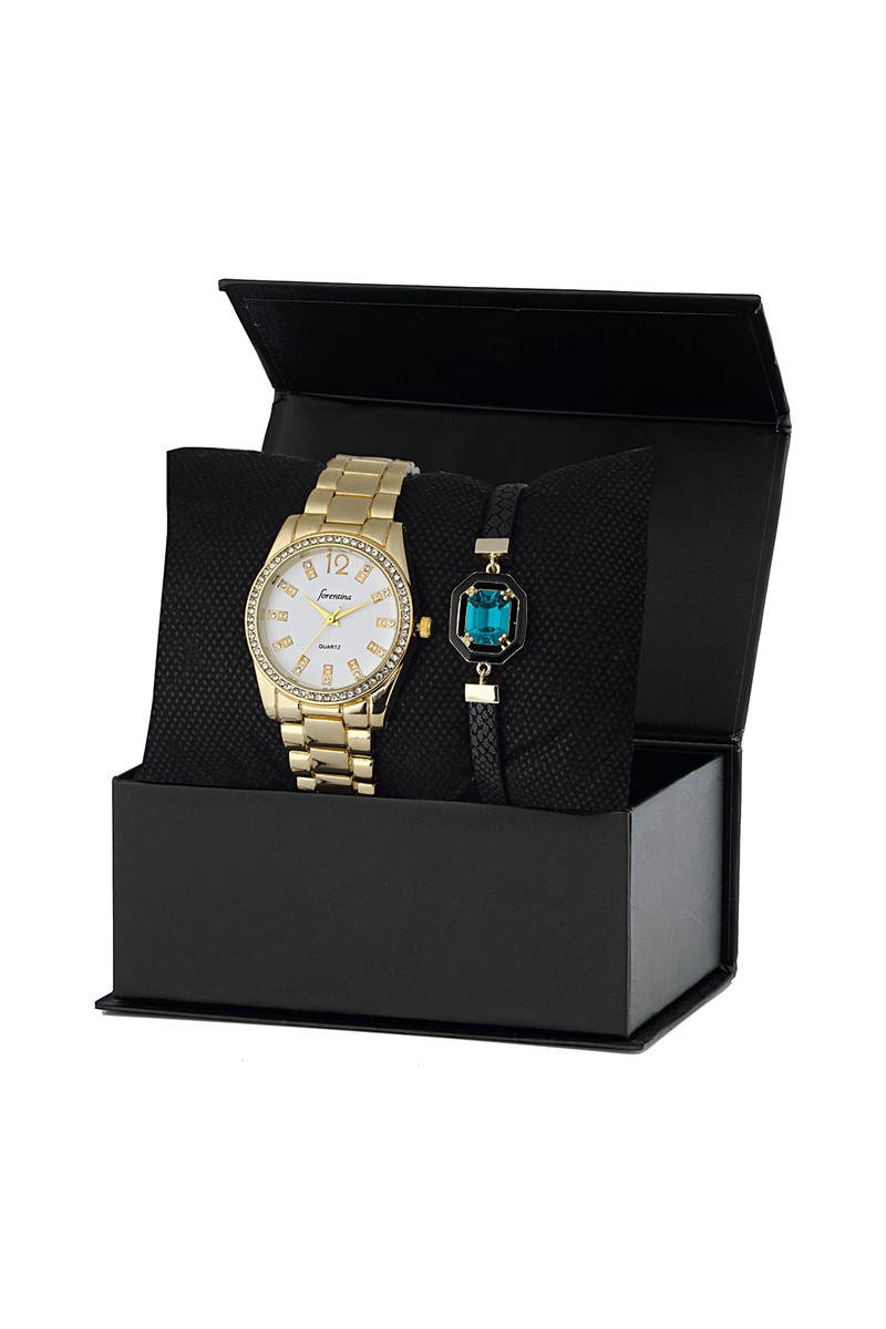 Forentina Sarı Metal Bayan Kol Saati Bileklik Kombin Set PS2350