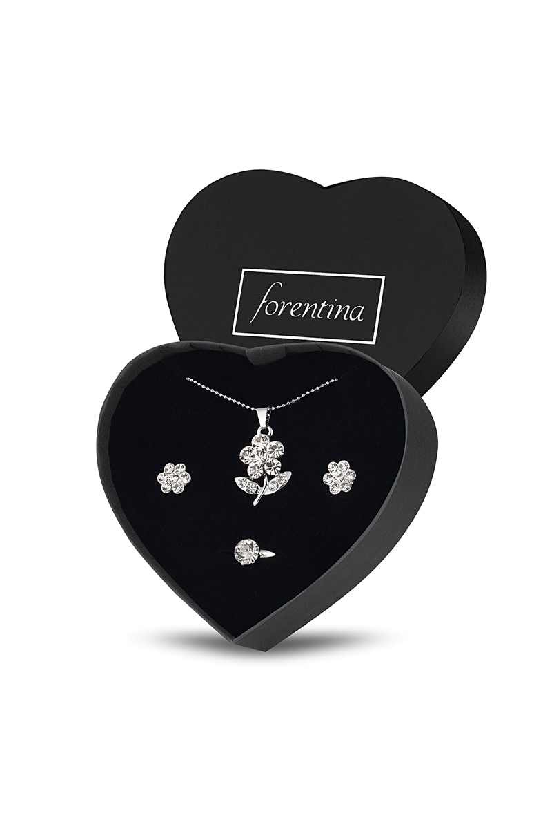 Forentina Gümüş Kaplama Çiçek Kolye Küpe Tektaş Yüzük Takı Seti PS2356
