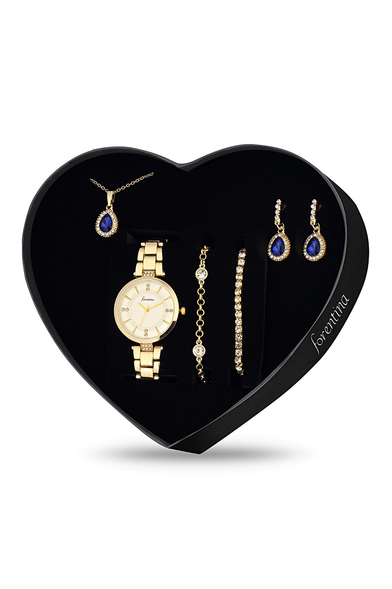 Forentina Lacivert Taşlı Takı Seti - Saat Kombin Hediye Seti PS2358