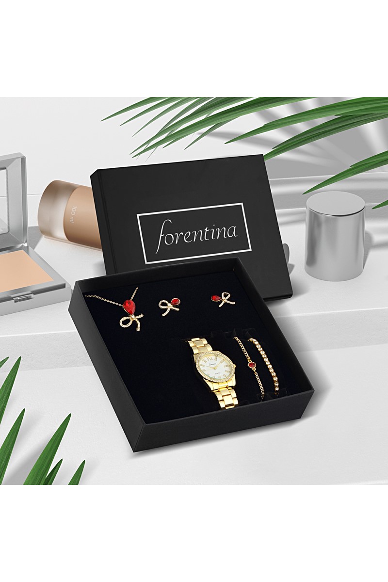 Forentina Kurdela Modeli Kırmızı Taşlı Takı Seti- Saat Hediye Set PS2360