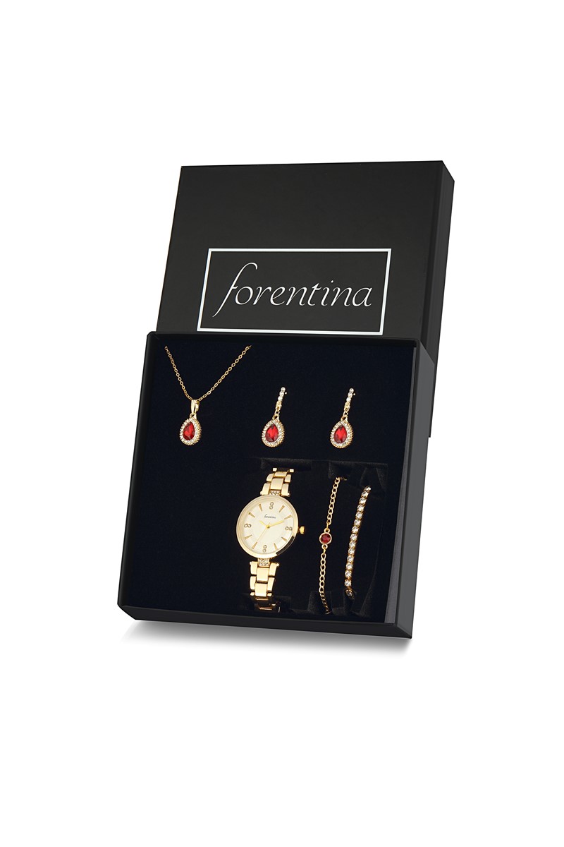 Forentina Kırmızı Taşlı Takı Seti - Saat Hediye Seti PS2361