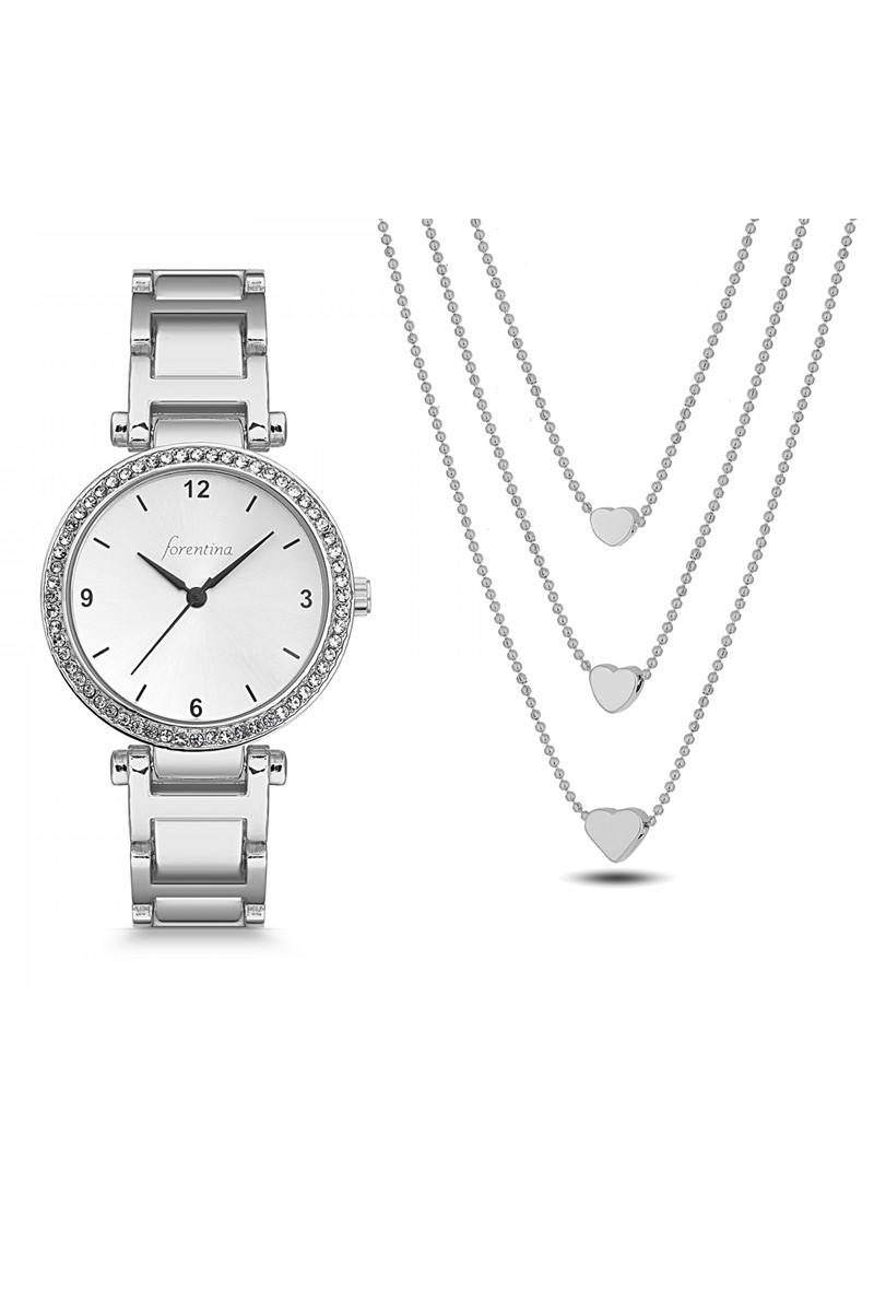 Forentina Gümüş Kaplama Bayan Metal Kol Saati Kalpli Kolye Kombin Set PS2372