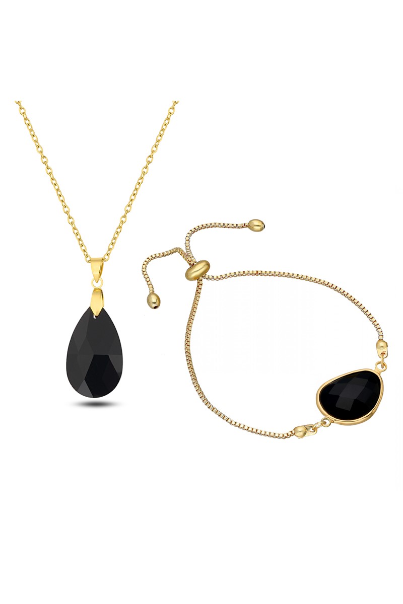 Forentina Altın Kaplama Siyah Taşlı Kolye Bileklik Takı Seti PS2373