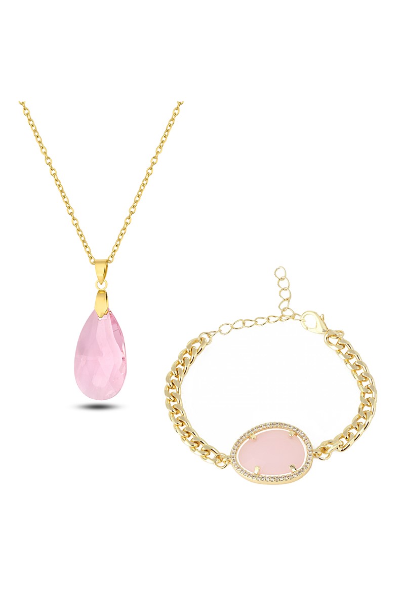 Forentina Altın Kaplama Pembe Taşlı Kolye Bileklik Kombin Set PS2375
