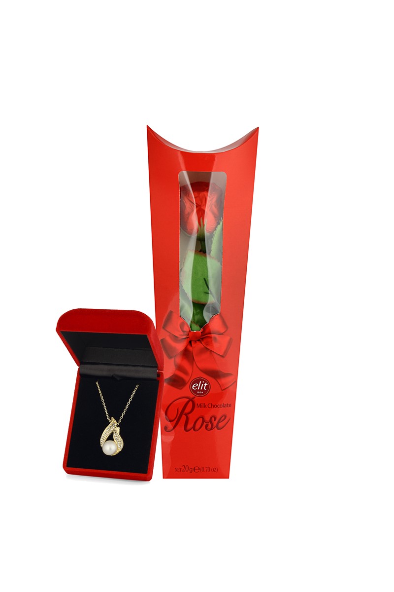 Forentina Altın Kaplama İnci Modeli Kolye - Gül Şeklinde Çikolata Hediye Set PS2377