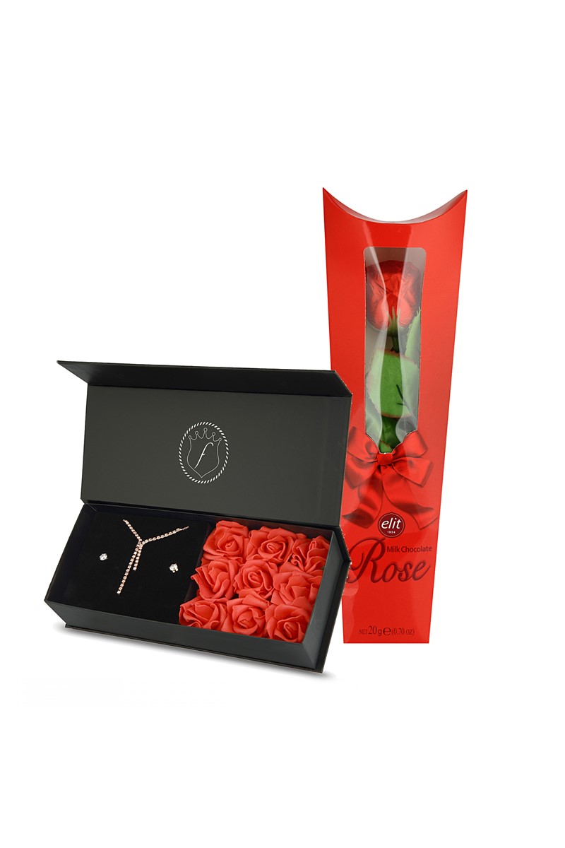 Forentina Rose Su Yolu Takı Set - Güllü Kutuda- Gül Şeklinde Çikolata Set PS2378