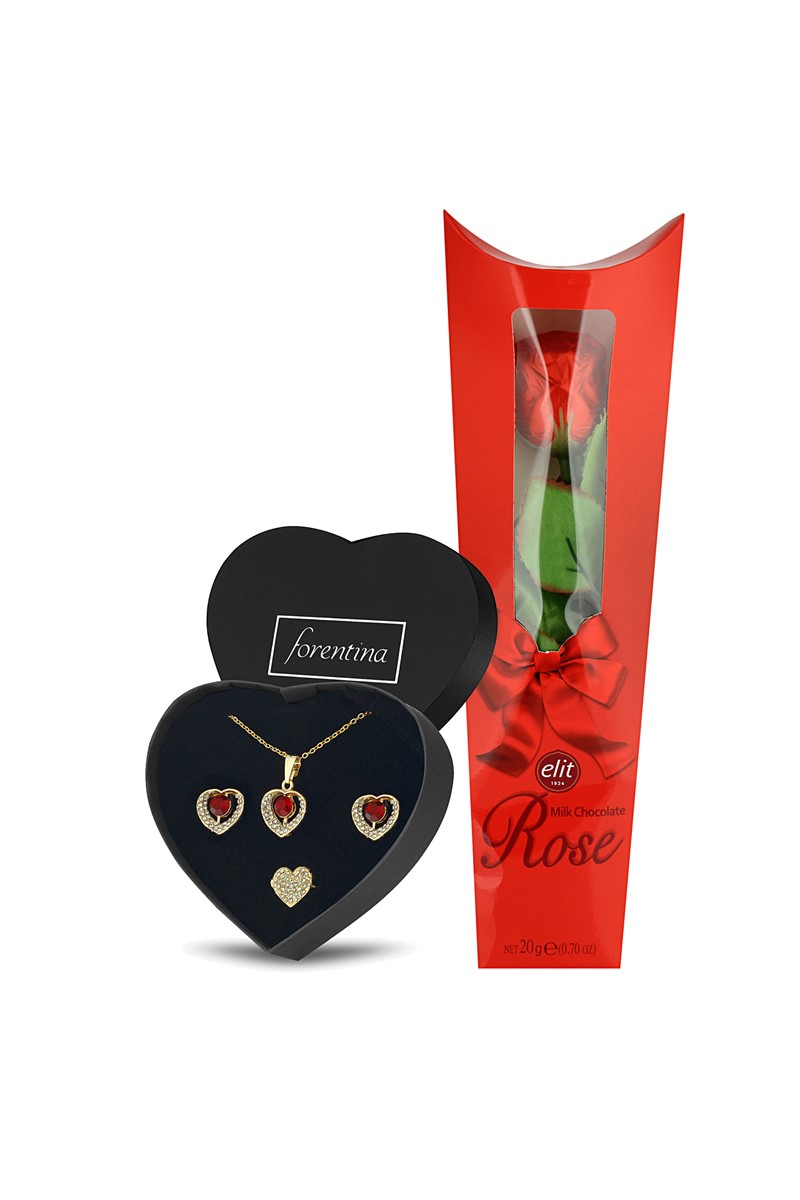 Forentina Kalp Kolye Küpe Bileklik Takı Seti - Gül Şeklinde Çikolata Hediye Set PS2379