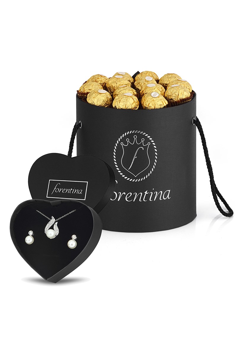 Forentina İnci Modeli Kolye Küpe Set - Çikolata Hediye Set PS2380