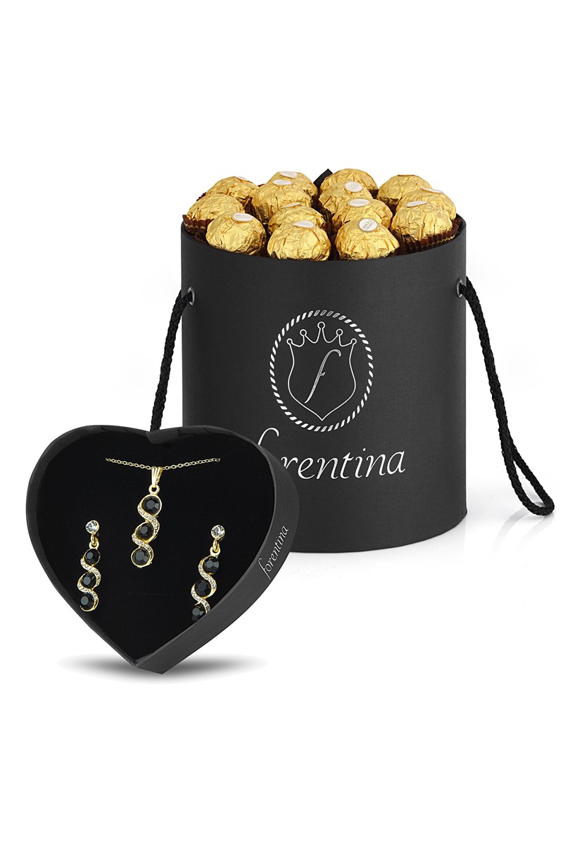 Forentina Tria Siyah Taşlı Kolye Küpe Set - Çikolata Kutu Hediye PS2381