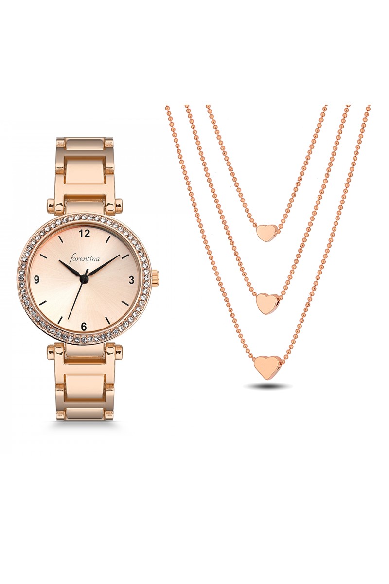 Forentina Rose  Bayan Metal Kol Saati Kalpli Kolye Kombin Set PS2382