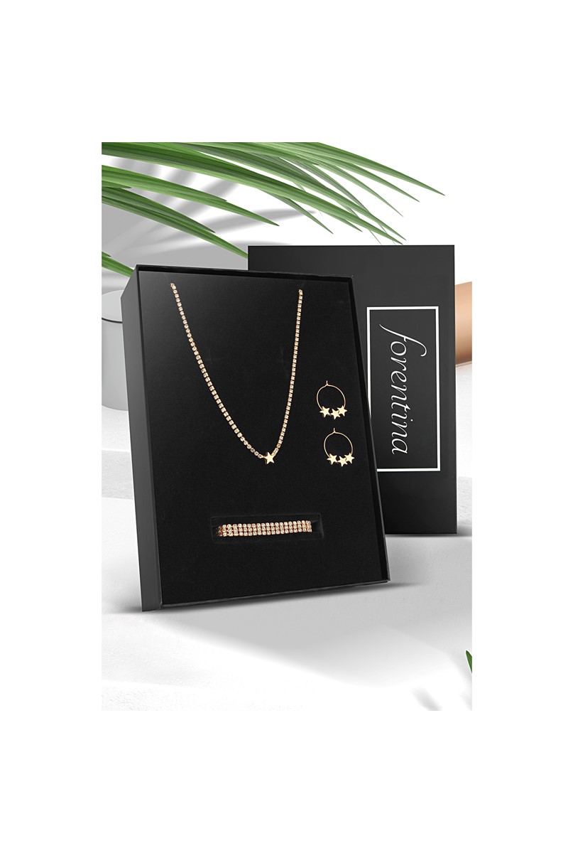 Forentina Altın Kap. Yıldızlı Kolye Küpe Bileklik Takı Seti PS2386