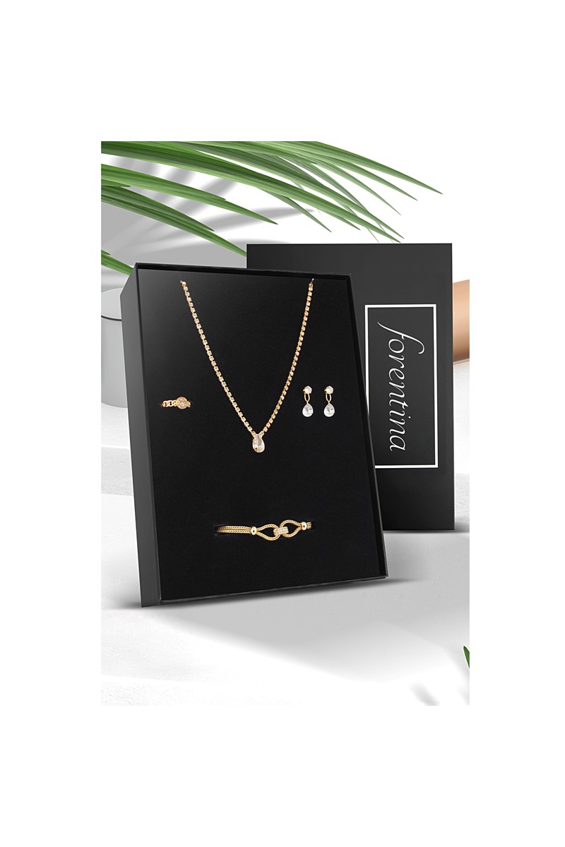 Forentina Damla Modeli Kolye Küpe Bileklik Yüzük Takı Seti PS2387