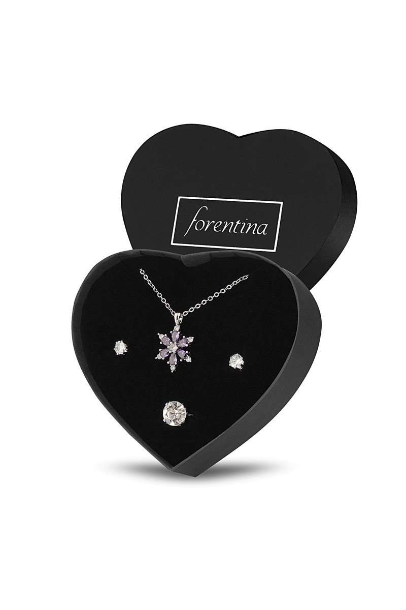 Forentina Mor Taşlı Çiçek Kolye Küpe Yüzük Takı Seti PS2398